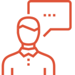 icon-style image of a person in a button-down collared shirt with a message bubble by his head