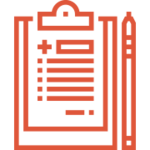 Icon-style image of a clipboard and pen